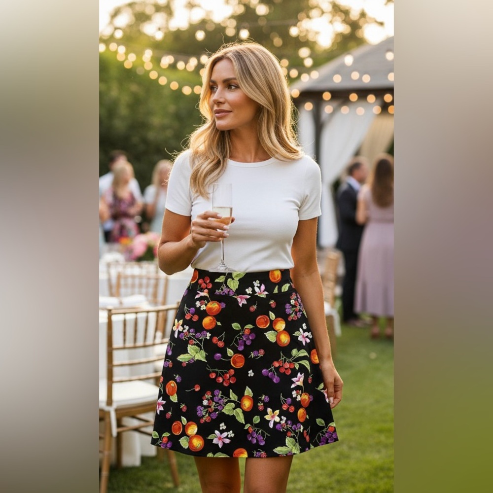 Rafaella Fruit Print A-Line Skirt Black Floral Cherry Peach Size 8 Garden Party